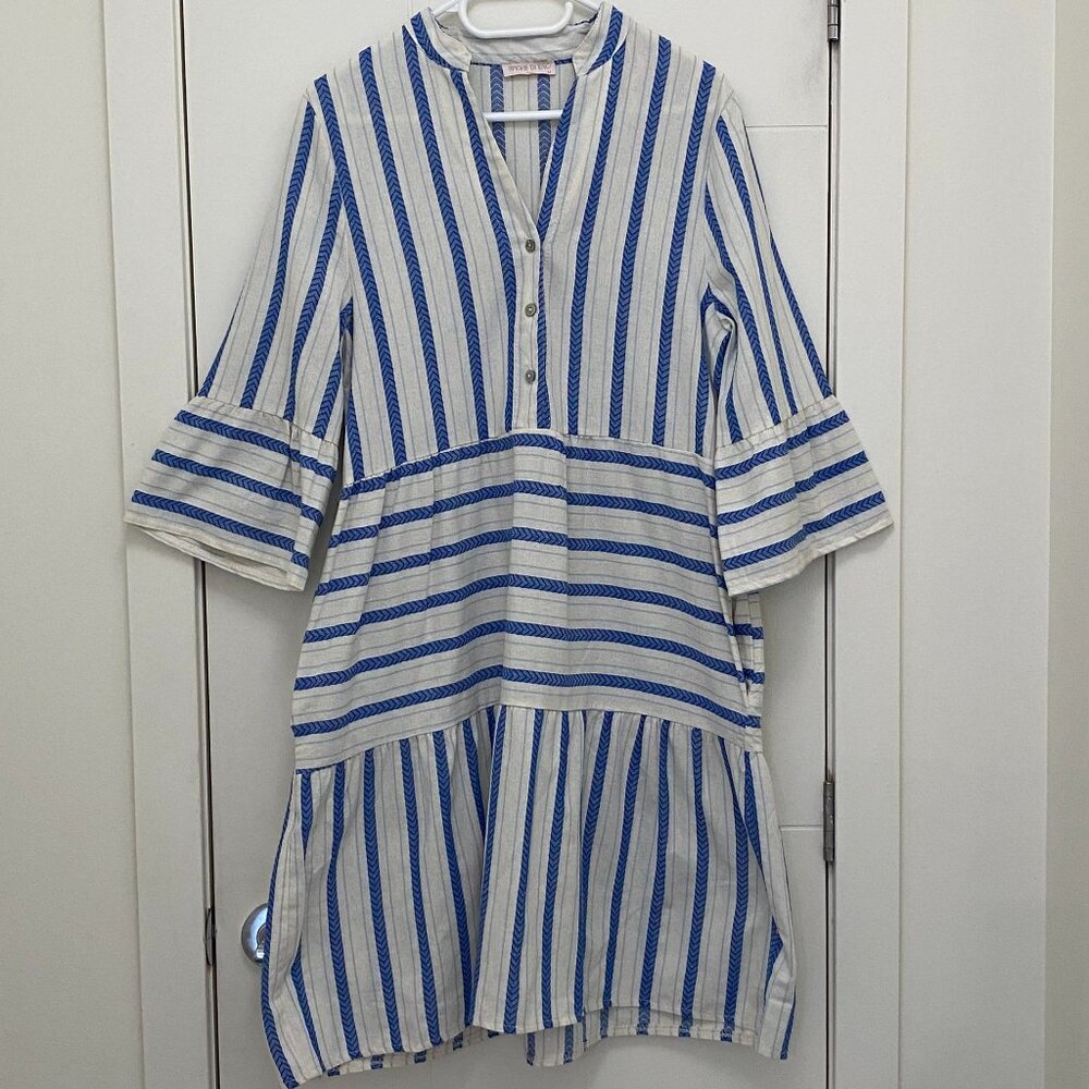 Italian Made Midi Dress in Blue and Off White by Spighe Di Lino